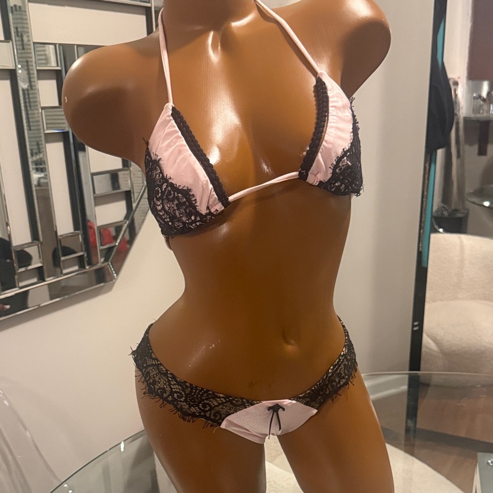 Beach Bunny Pink and Black Lace Bikini Set